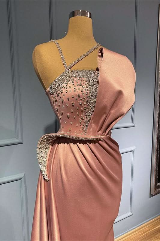 Pink Sleeveless Spaghetti-Strap Beaded Mermaid Prom Dress with Ruffles BM bride