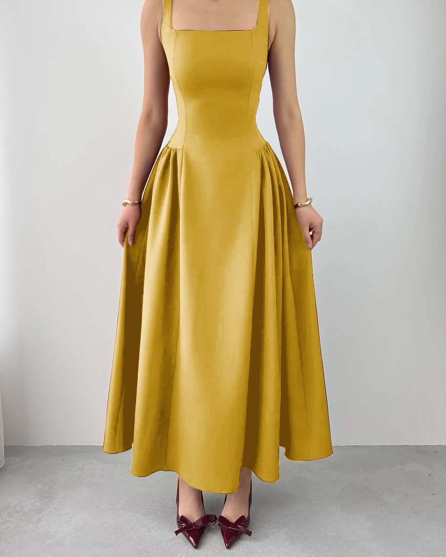Sleeveless Square Neck Straps Tea Length Prom Dress With Pleated