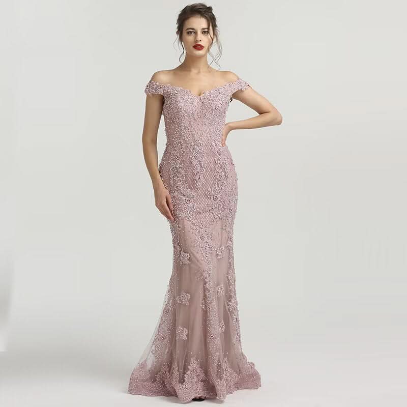 Elegant Dusty Pink Sequin Appliques Prom Dress, Mermaid V-Neck with Beads BM bride