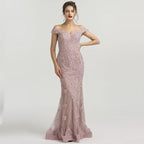 Elegant Dusty Pink Sequin Appliques Prom Dress, Mermaid V-Neck with Beads BM bride