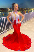 White And Red Sleeveless Mermaid Prom Dress Trumpet With Tassel Appliques