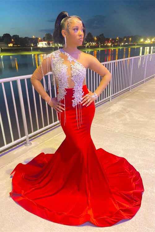 White And Red Sleeveless Mermaid Prom Dress Trumpet With Tassel Appliques