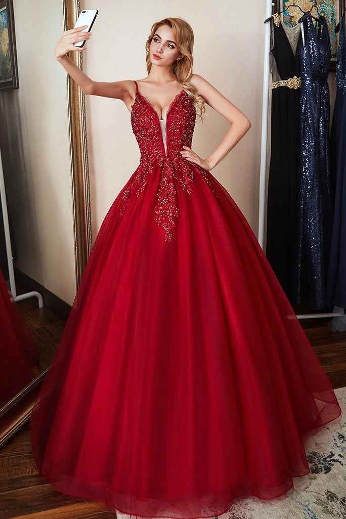 Chic Spaghetti Strap Sleeveless Beadings Long Prom Dress Red With Appliques
