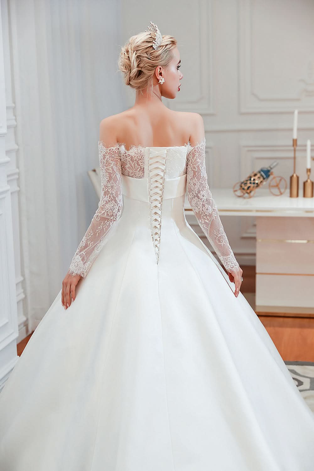 Stunning Off-the-Shoulder Long Sleeve A-Line Satin Wedding Dress with Lace BM bride