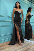 Strapless Sleeveless Split Royal Blue Mermaid Prom Dress With Beading