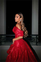 Chic Red Off the Shoulder V Neck A Line Long Split Prom Dress With Ruffles