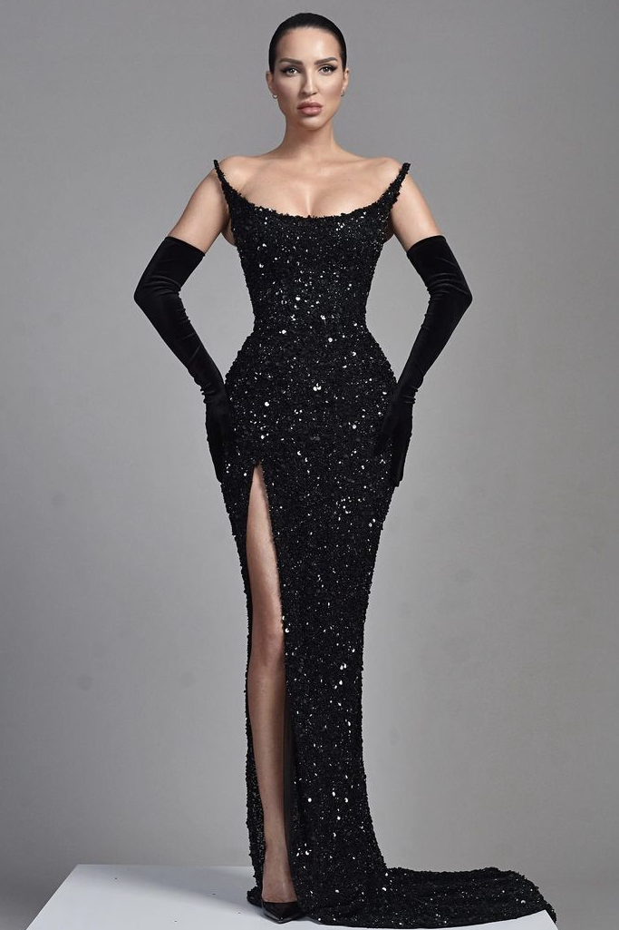 Elegant Black Long Evening Dress with Sequins Half Sleeves and Slit BM bride