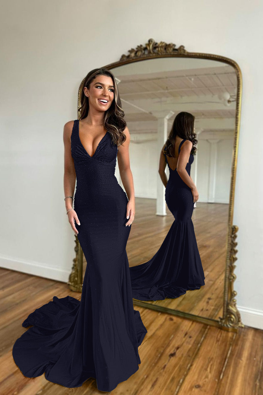 Straps Sleeveless V Neck Mermaid Long Prom Dress With Appliques