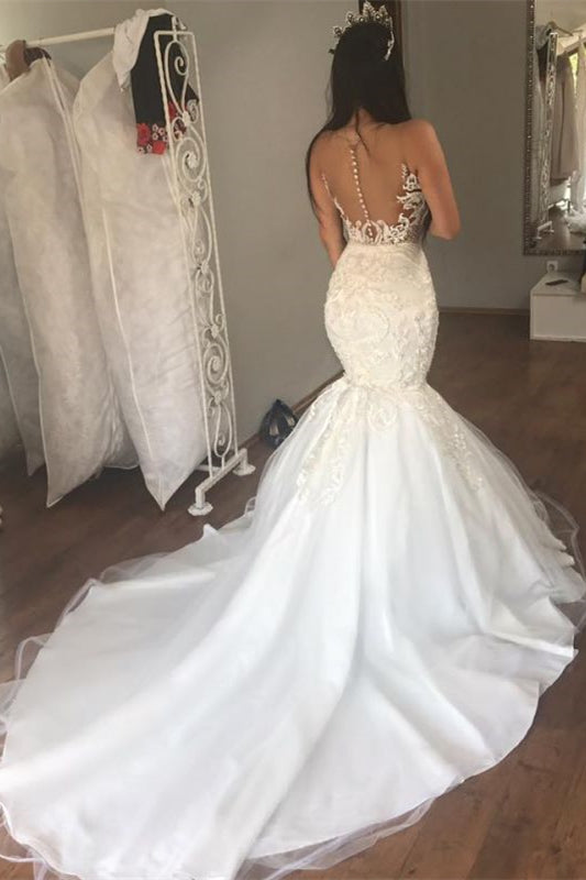 Gorgeous Sleeveless Mermaid Wedding Dress with Lace Appliques BM bride