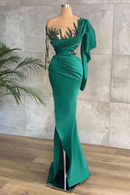 Green Beadings Prom Dress with Pleated Long Sleeves and Ruffles BM bride
