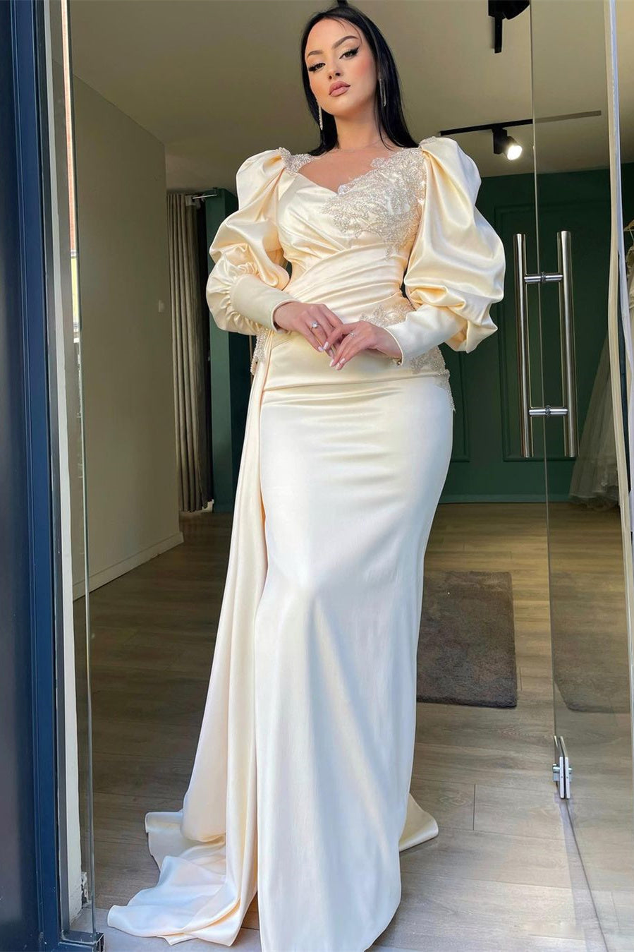 Long Puff Sleeves Pleated Mermaid Split Prom Dress With Appliques Ruffles