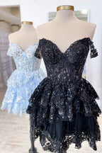 Sparkly Fuchsia Tiered Lace A-Line Short Homecoming Dress Bmbride