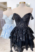 Glitter Fuchsia Tiered A-Line Short Lace Homecoming Dress Bmbride
