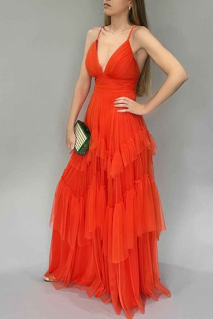 Tulle Spaghetti Strap V Neck Sleeveless Backless Long Prom Dress