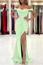 Red Off-The-Shoulder Sweetheart Mermaid Evening Dress with Slit Pleats BM bride