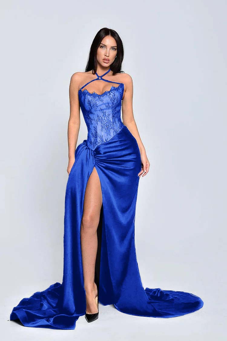 Black Halter Sleeveless Appliques Long Prom Dress With High Split