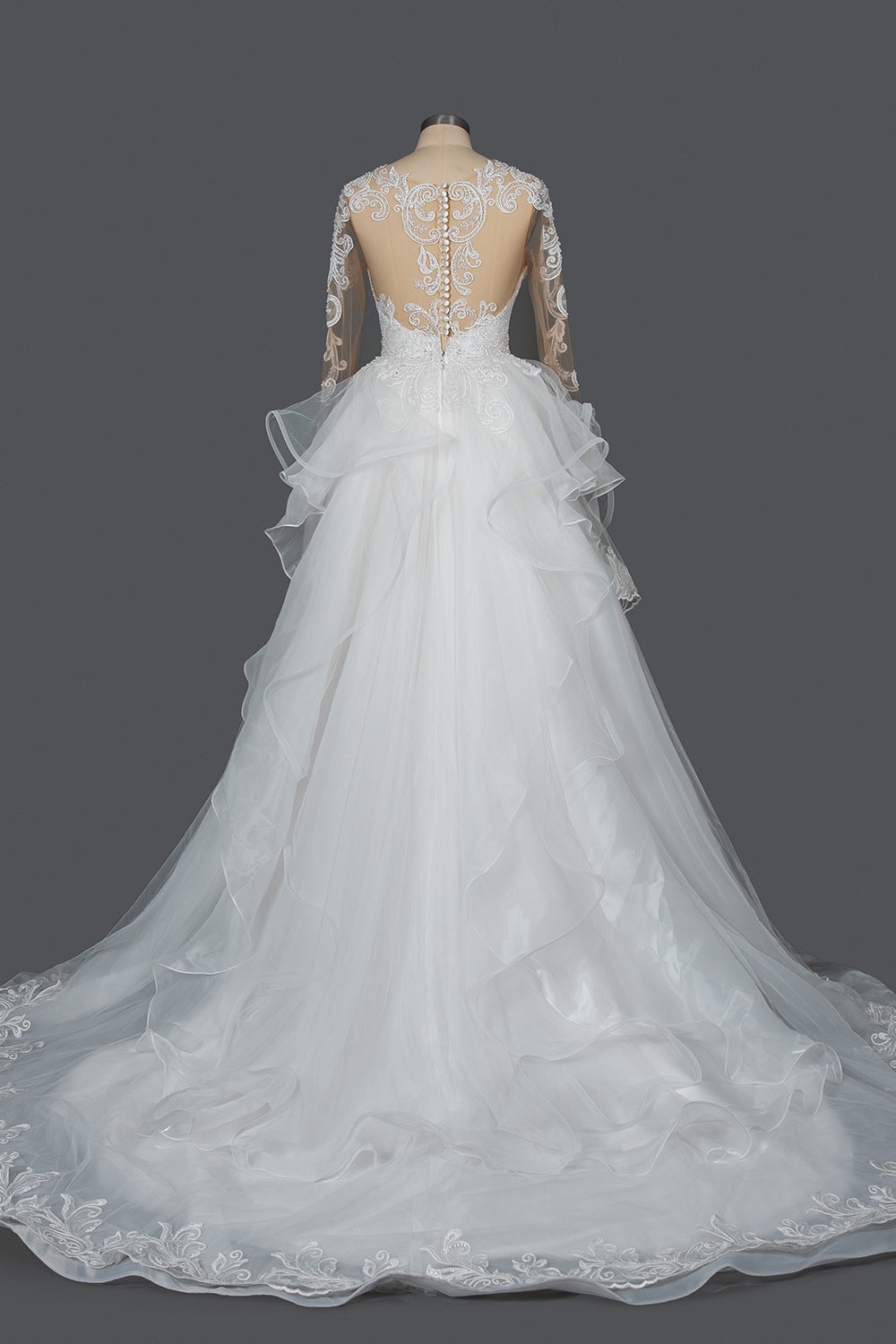A-Line V-neck Hi-Lo Wedding Dress Open Back Ruffles Tulle With Appliques Lace BM bride
