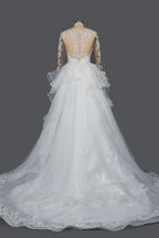 A-Line V-neck Hi-Lo Wedding Dress Open Back Ruffles Tulle With Appliques Lace BM bride