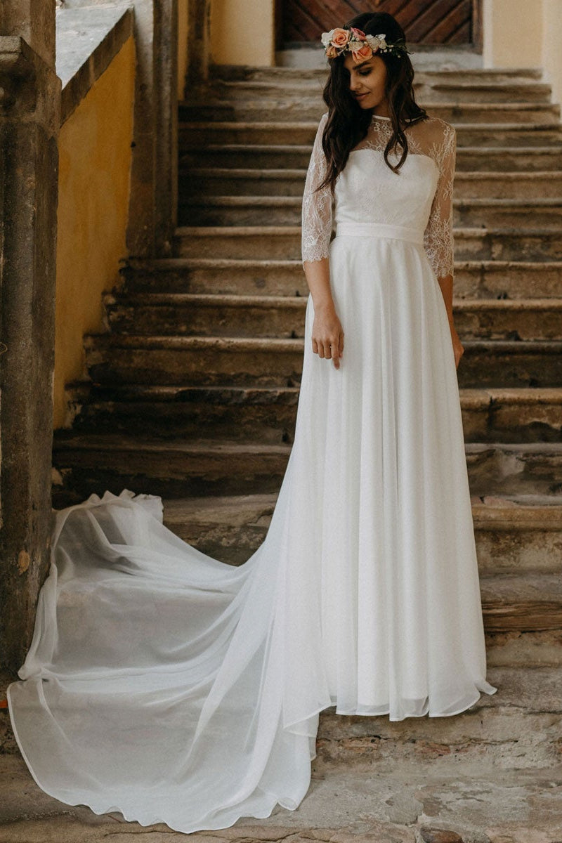 Boho Lace Chiffon Long Wedding Dress BM bride