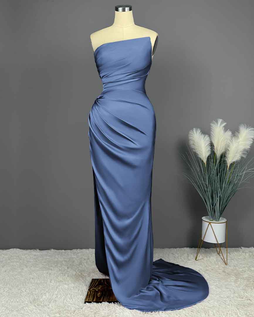 Simple Blue Sleeveless Charmeuse Prom Dress with High Slit and Pleats BM bride