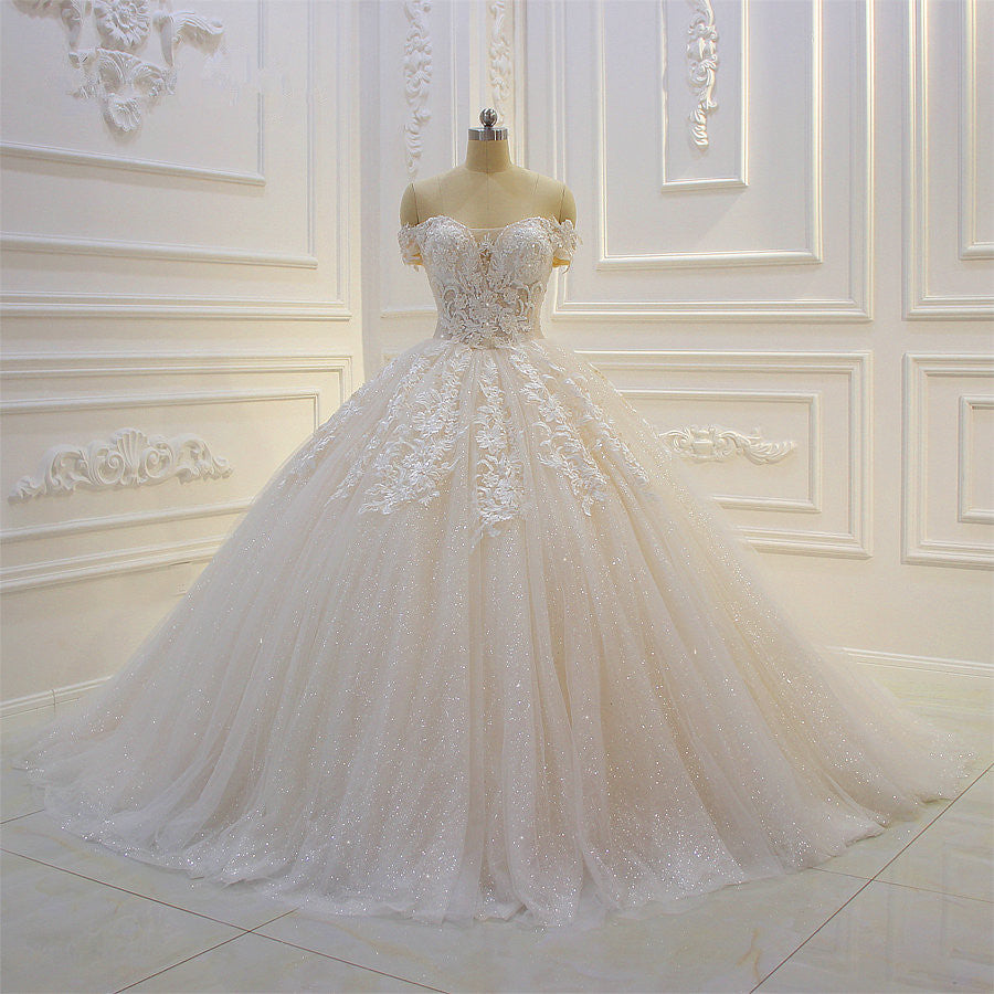 Off-the-Shoulder Sweetheart Ball Gown Wedding Dress with Sequin Lace Appliques BM bride
