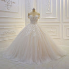 Off-the-Shoulder Sweetheart Ball Gown Wedding Dress with Sequin Lace Appliques BM bride
