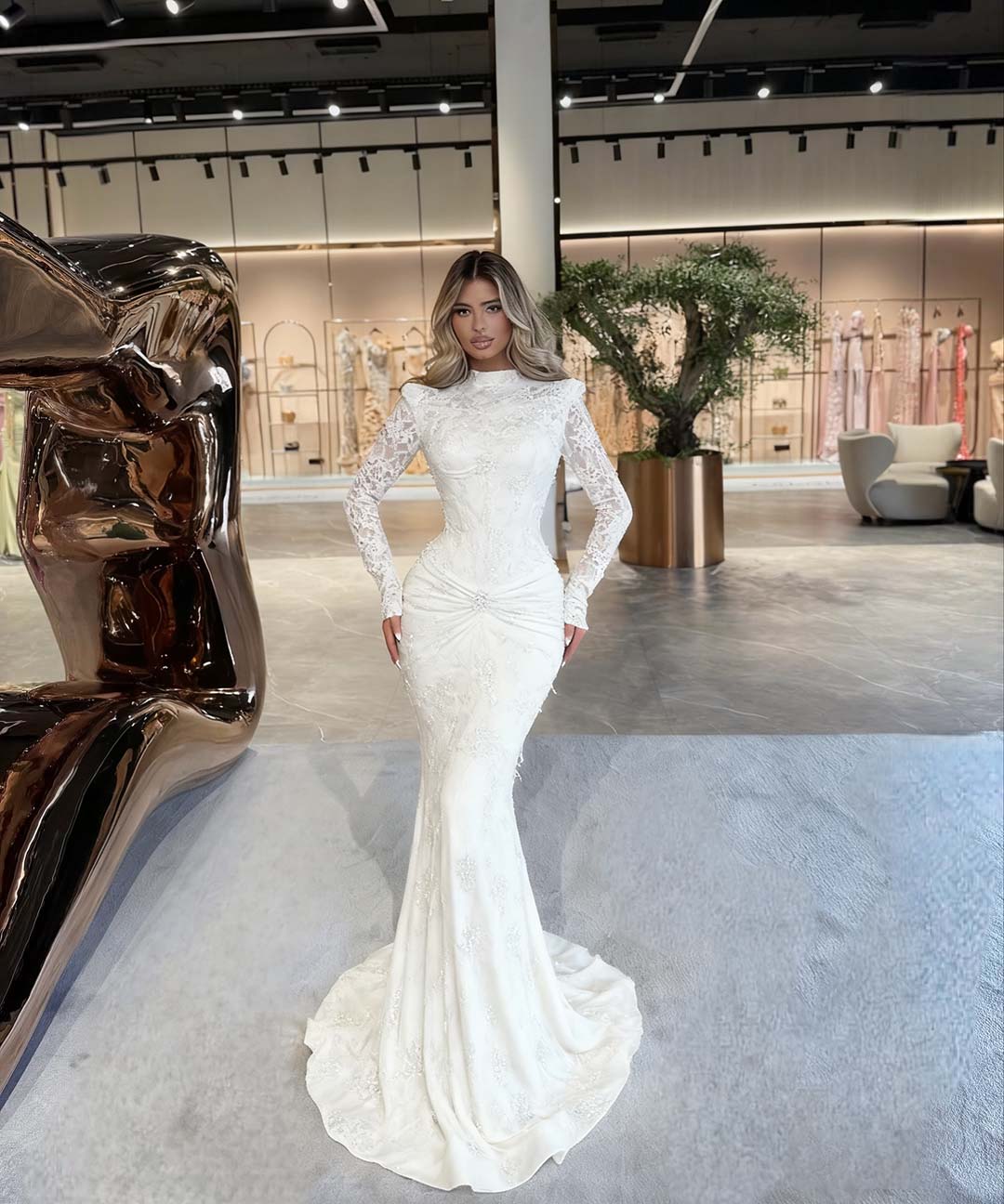 High Neck Long Sleeves Long Mermaid Prom Dress With Beading Pleated BMBRIDE