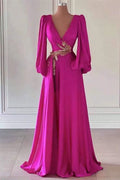 Fuchsia Long Sleeves A-Line Dark V-Neck Prom Dress with Embellishment BM bride