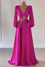 Fuchsia Long Sleeves A-Line Dark V-Neck Prom Dress with Embellishment BM bride