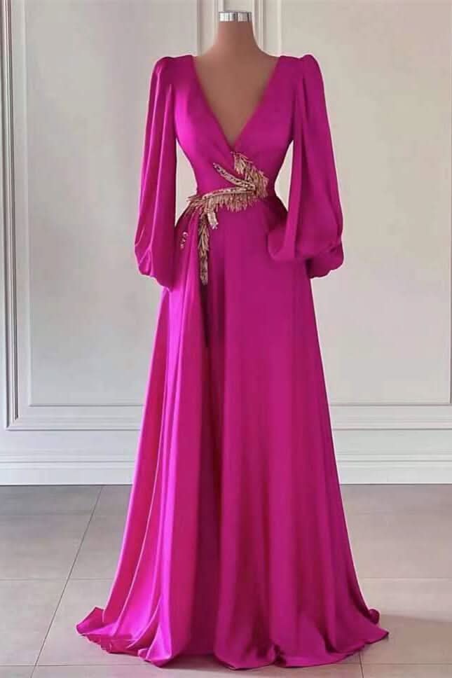 Fuchsia Long Sleeves A-Line Dark V-Neck Prom Dress with Embellishment BM bride