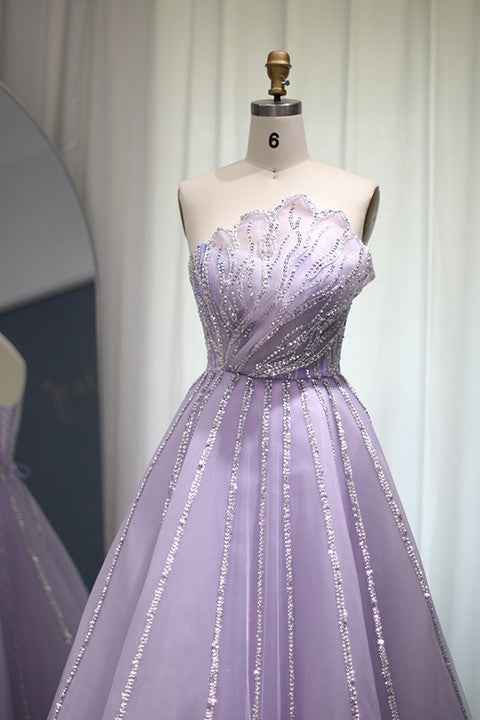 A Line Sleeveless Prom Dress Flower Strapless Tulle With Appliques Sequins