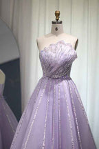 A Line Sleeveless Prom Dress Flower Strapless Tulle With Appliques Sequins