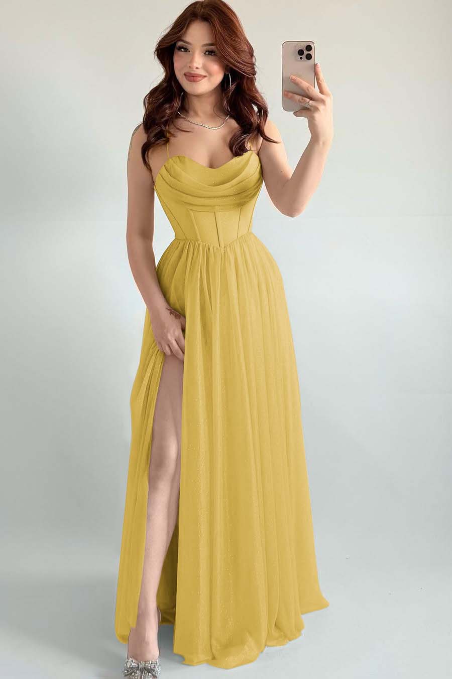 Spaghetti Strap Sleeveless Long High Split Prom Dress With Pleated BMBRIDE