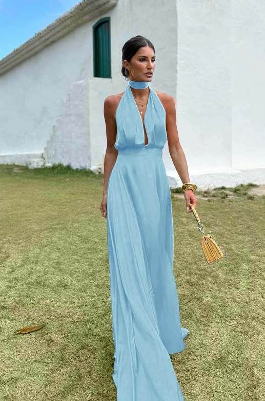 Charming Sleeveless Halter V Neck Long Prom Dress With Pleated BMBRIDE