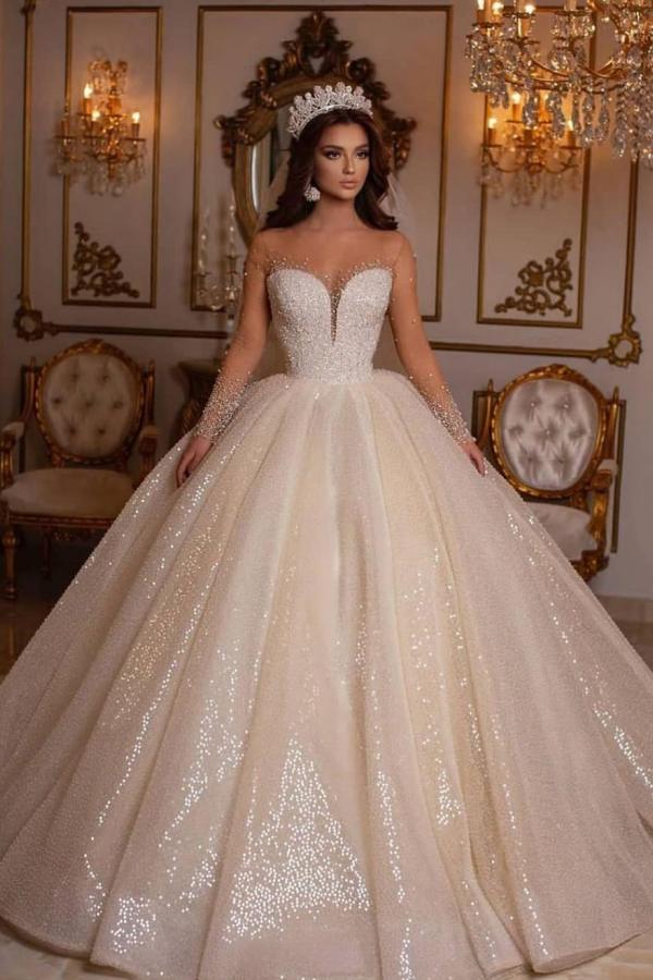 Luxury Long Ball Gown Sweetheart Wedding Dress with Sleeves BM bride