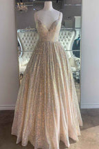 A Line V Neck Prom Dress Spaghetti Strap Sparkle With Appliques