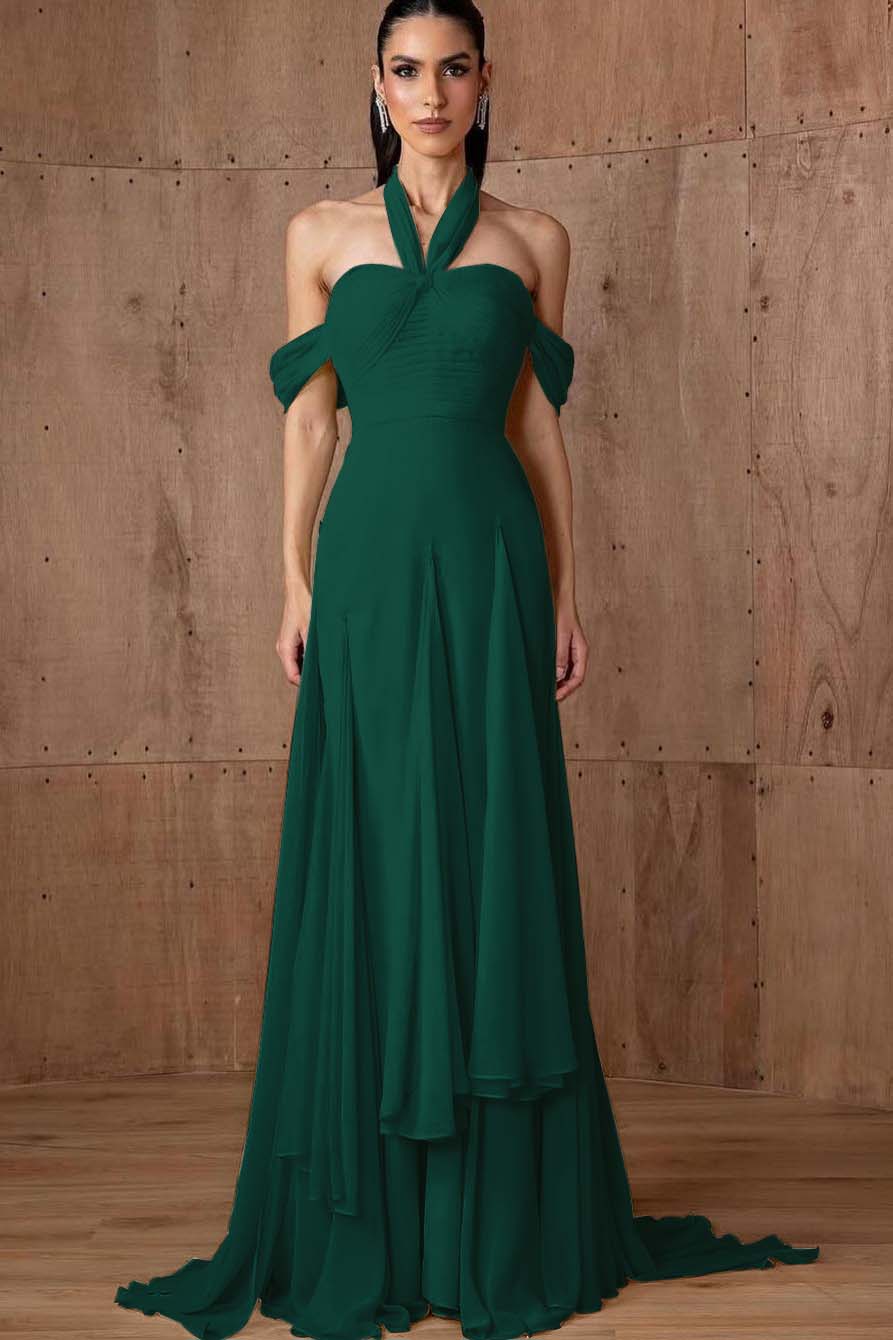 Halter Off the Shoulder Sleeveless Long Prom Dress With Ruffles