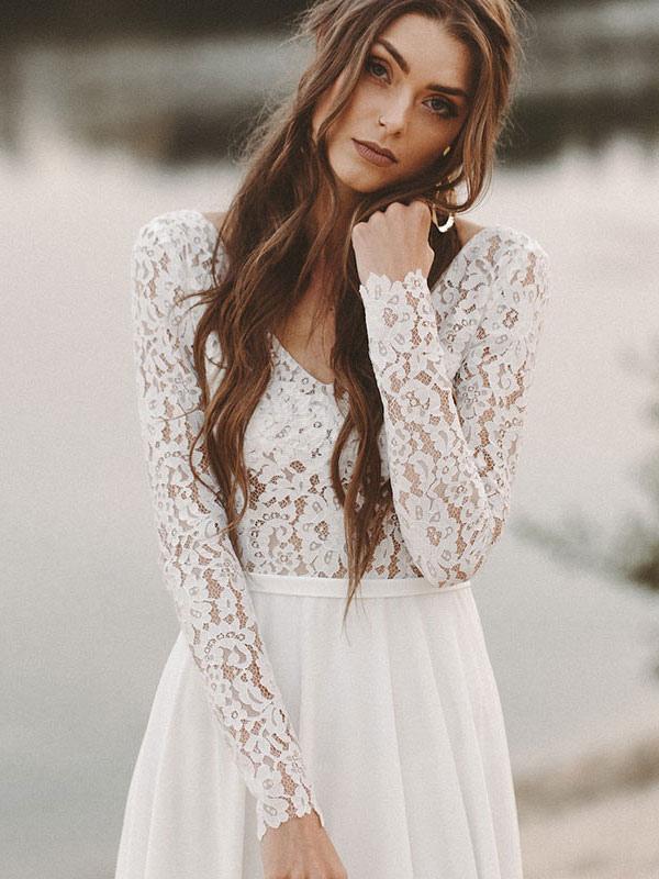 Long Sleeve Boho Lace Wedding Dress BM bride