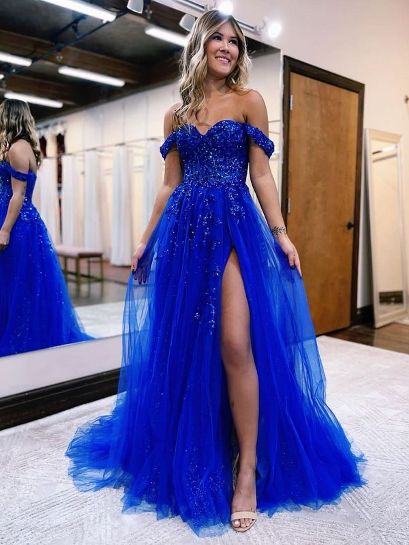 Whimsical A-Line Off-the-Shoulder Lace Tulle Prom Dress with a Chic Slit BM bride