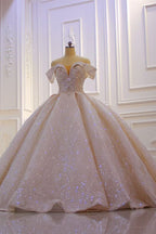 Off-the-Shoulder Satin Ruffle Ball Gown Wedding Dress with Sequins and Beadings BM bride