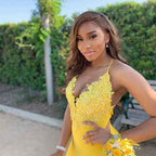 Elegant V Neck Spaghetti Strap Applique Yellow Mermaid Long Prom Dress