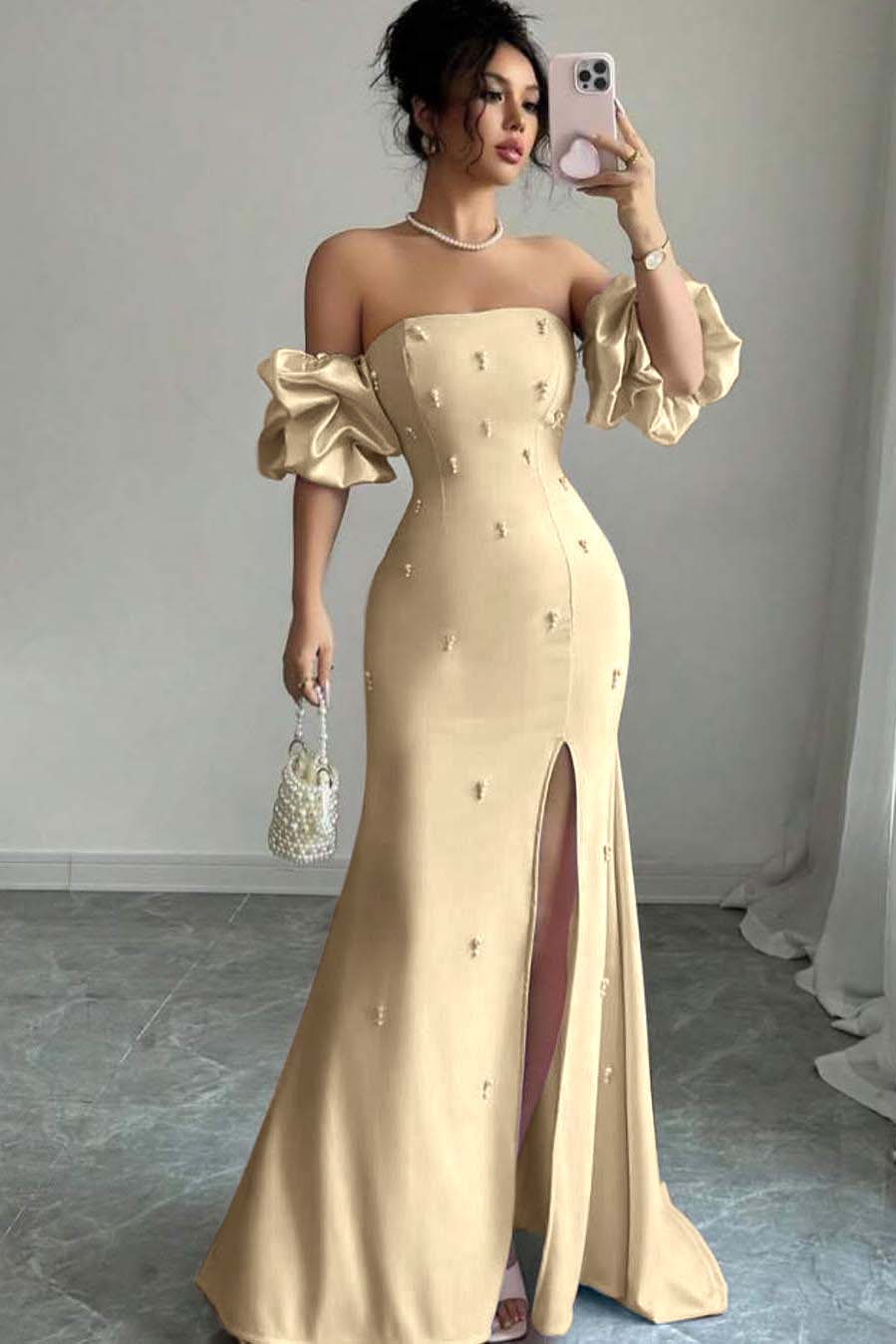 Strapless Bubble Sleeves Long Split Prom Dress With Beading BMBRIDE