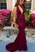 Burgundy Modern Deep V Neck Sleeveless Backless Mermaid Long Prom Dress