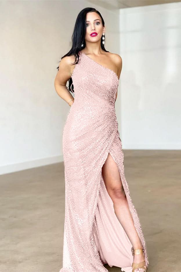 Burgundy One-Shoulder Split Mermaid Evening Dress with Backless BM bride