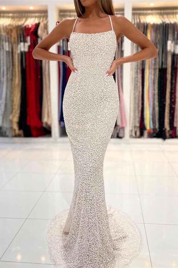 Sequins Mermaid Strapless Spaghetti Strap Long Prom Dress With Open Back