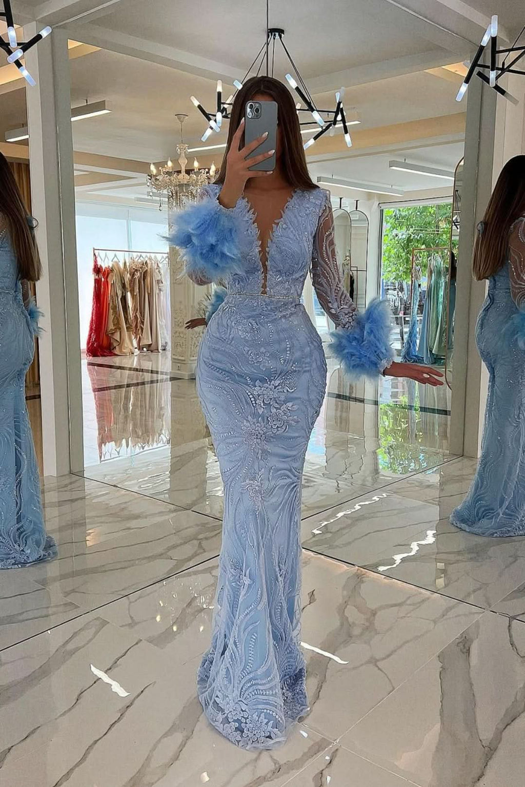 Baby Blue Prom Dress V-Neck Sequins with Feather Appliques BM bride