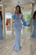 Baby Blue Prom Dress V-Neck Sequins with Feather Appliques BM bride