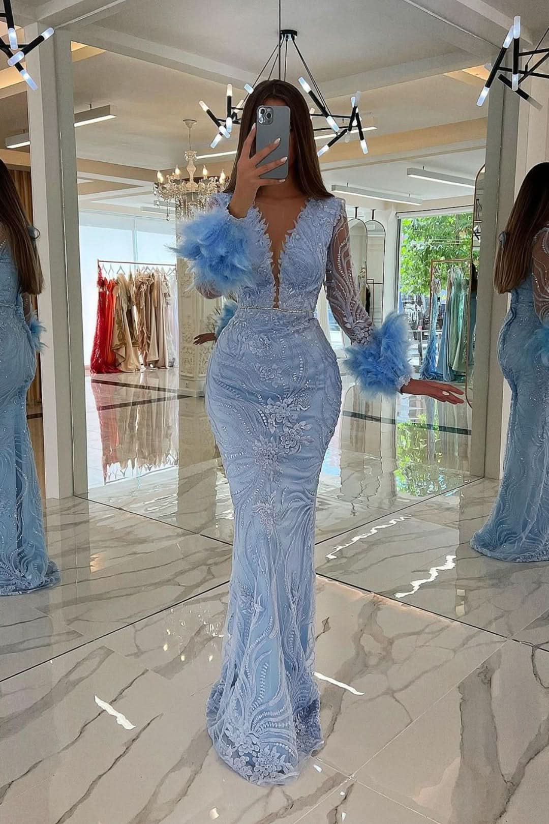 Baby Blue Prom Dress V-Neck Sequins with Feather Appliques BM bride