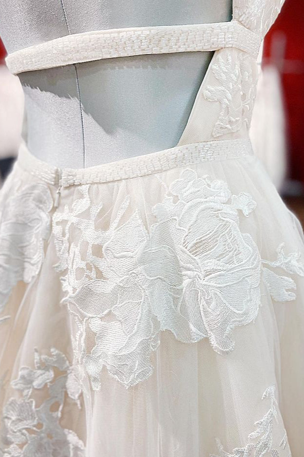 V-Neck Long Princess Backless Wedding Dress with Lace Tulle BM bride