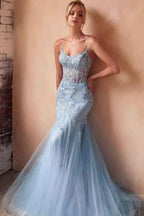 Tulle Spaghetti Strap Sleeveless Mermaid Long Prom Dress With Appliques